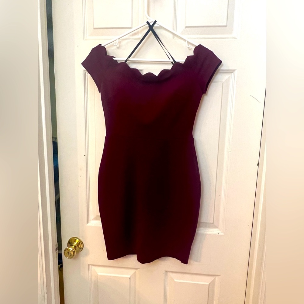 Off shoulder scallop neck garnet mini dress